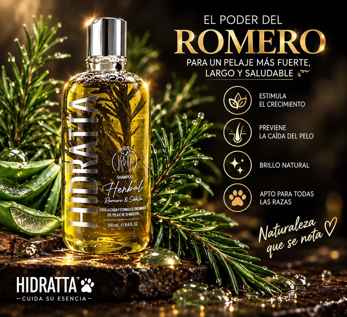 Beneficios del romero: estimula el crecimiento, previene la caída del pelo, da brillo natural - Shampoo Herbal Hidratta