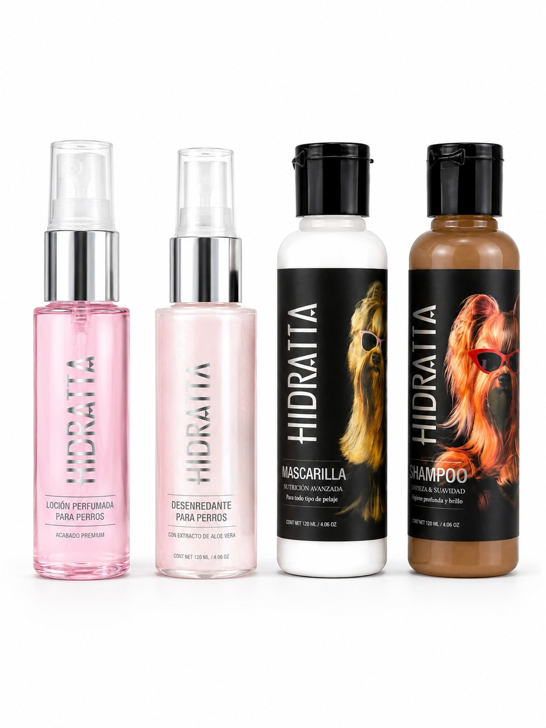 Kit Viajero HIDRATTA — Shampoo, Mascarilla, Desenredante y Loción para Perros en tamaño mini